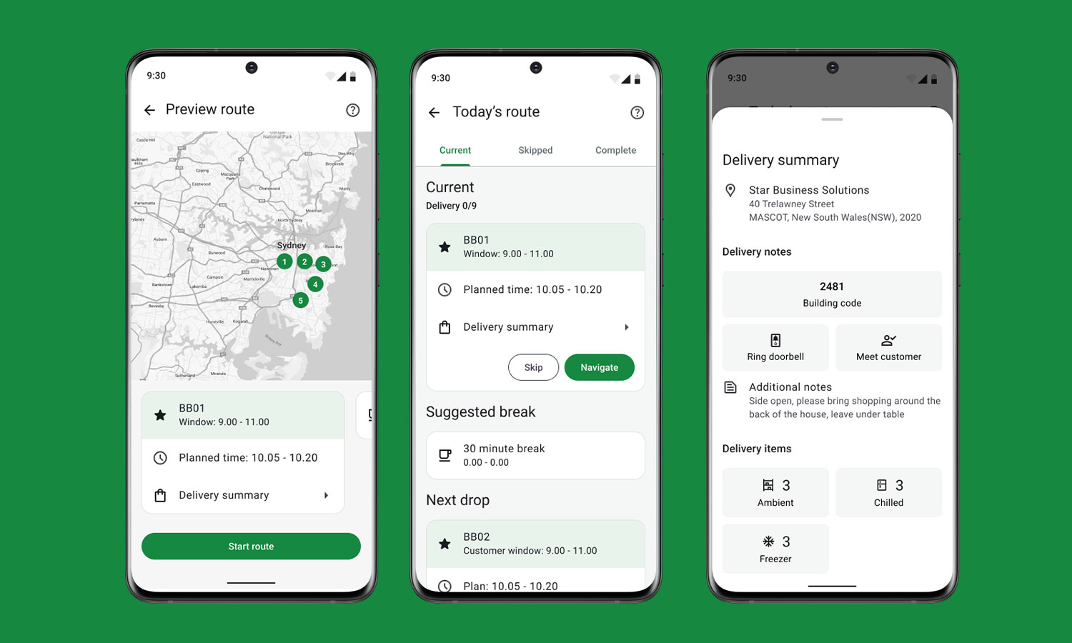 Delivery driver navigation app screens in Android device.