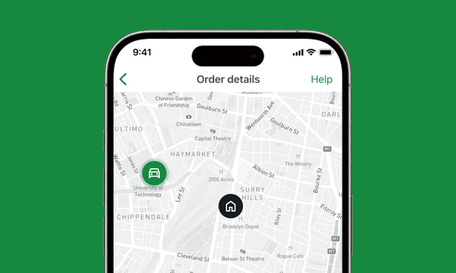 Order tracking live map preview on iOS device.
