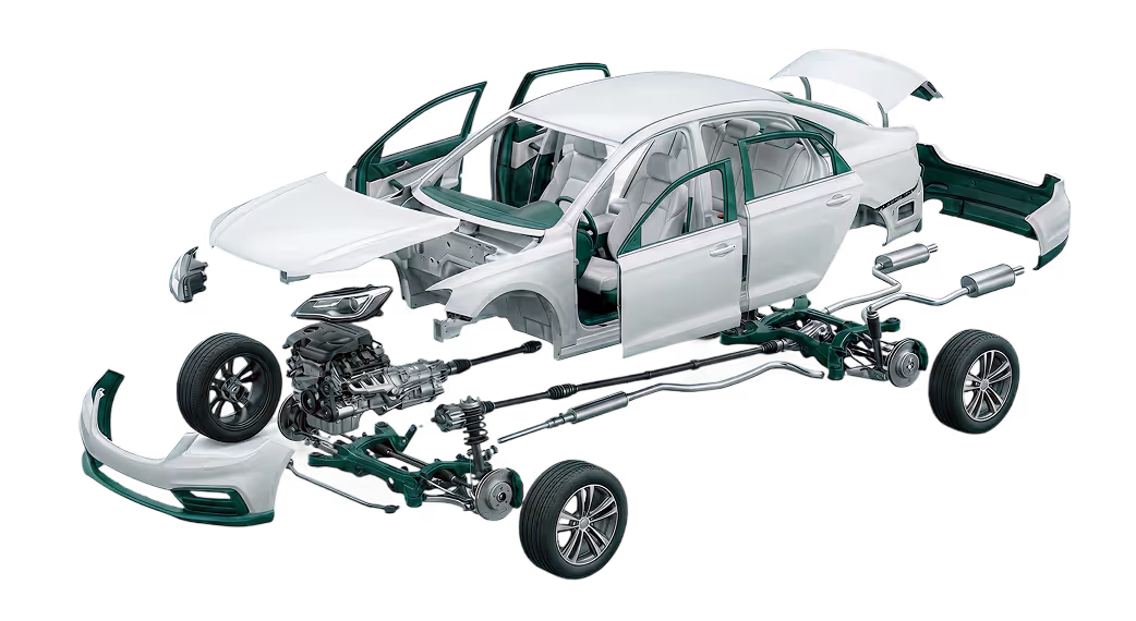 Zerlegtes weißes Auto mit geöffneten Türen, abgenommenen Stoßfängern, Motor und Fahrwerk sichtbar.