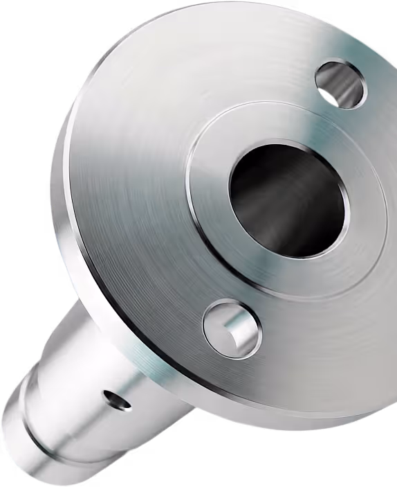 Nahaufnahme eines glänzenden, runden Metallflanschs mit mehreren Bohrlöchern.