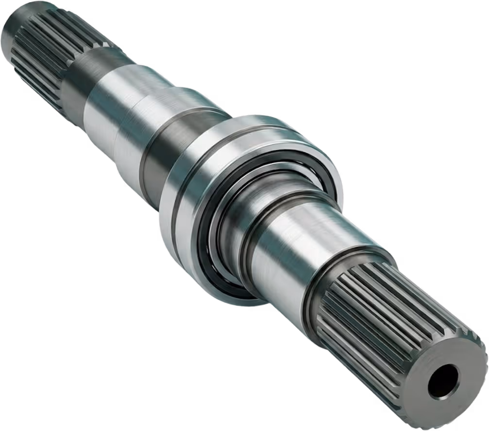 Nahaufnahme einer glänzenden Metallschaltwelle mit Zahnstruktur an beiden Enden.