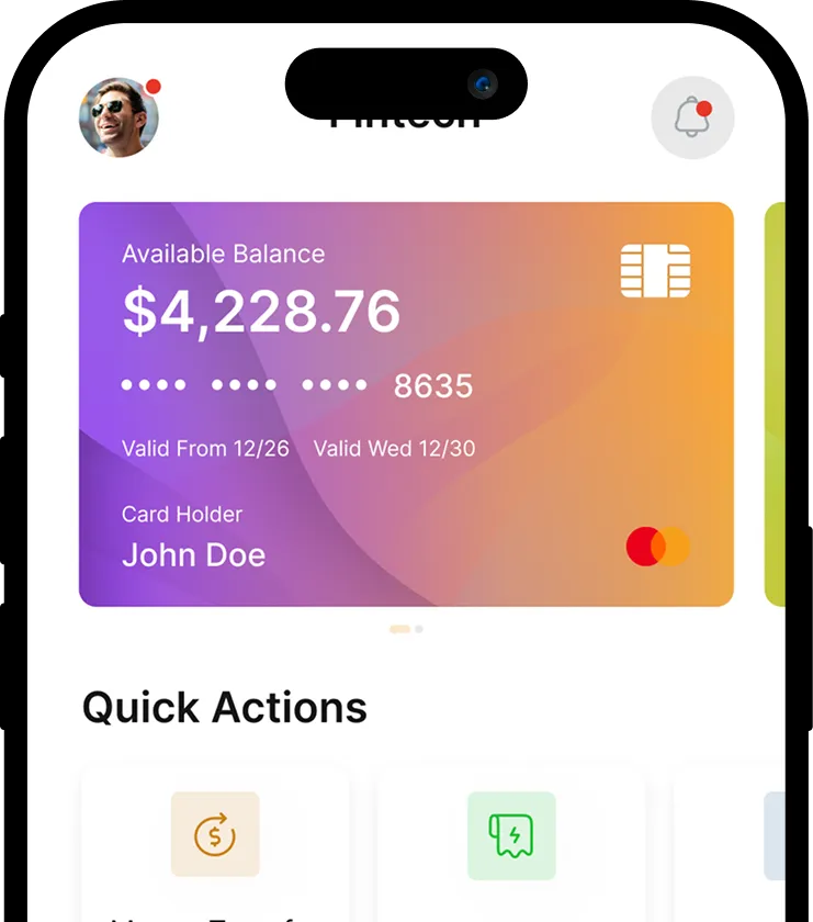 Mobile screen showing a digital card with $4,228.76 available balance for John Doe, valid from 12/26 to 12/30, and a section titled Quick Actions.