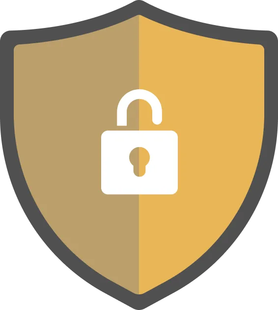 Yellow shield with a white unlocked padlock icon in the center representing security or access.