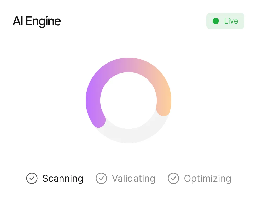 AI Engine status interface showing a live indicator with a colorful circular progress bar and completed scanning, validating, and optimizing steps.