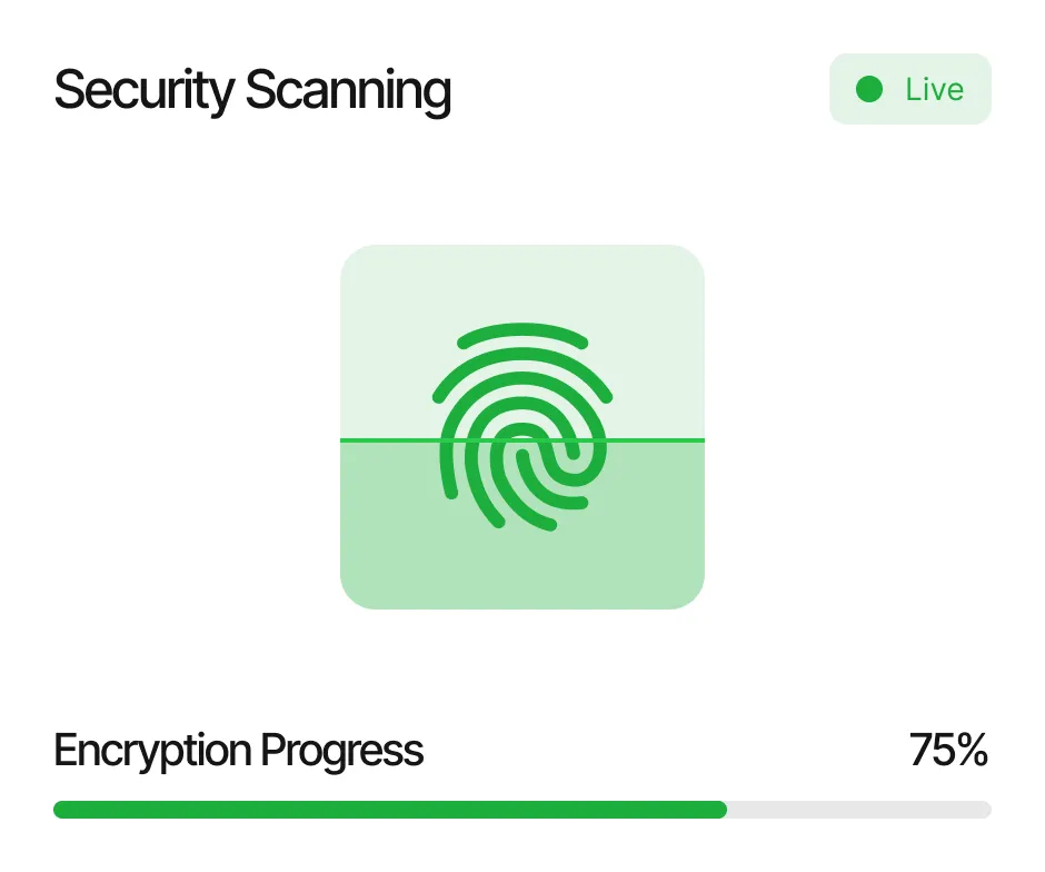 Security scanning interface showing fingerprint encryption progress at 75% with a green progress bar and live status indicator.