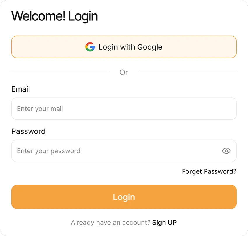 Login screen with options to log in using Google, email, and password fields, a forgot password link, and a login button.