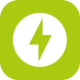 White lightning bolt inside a white circle on a lime green background.