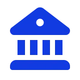 Blue icon of a classical bank building with a triangular pediment and four columns.