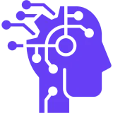Purple human head silhouette with connected circuit lines symbolizing artificial intelligence or technology.