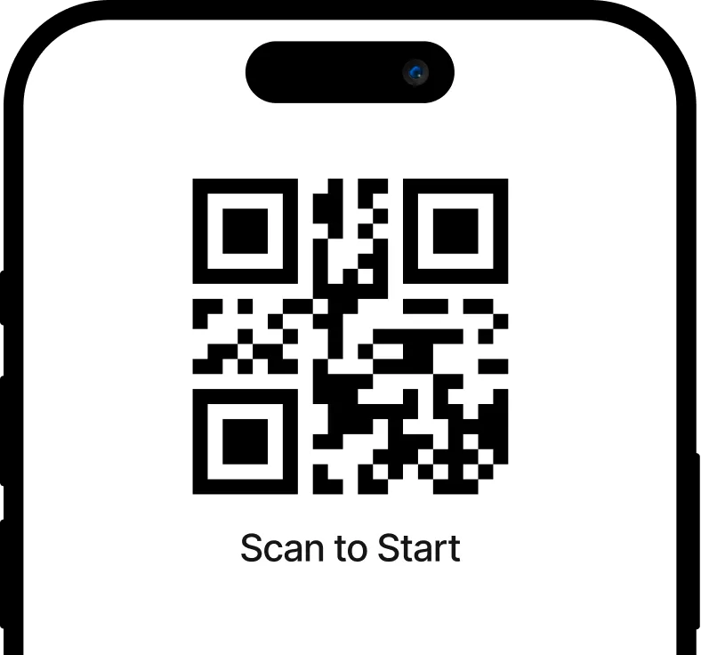 Smartphone screen displaying a QR code with the instruction 'Scan to Start' below it.