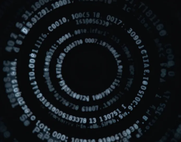 Spiral pattern of glowing white alphanumeric code and symbols on a dark background.
