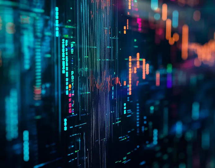 Close-up of a digital interface with glowing multicolored data lines and charts representing cybersecurity or data analytics.