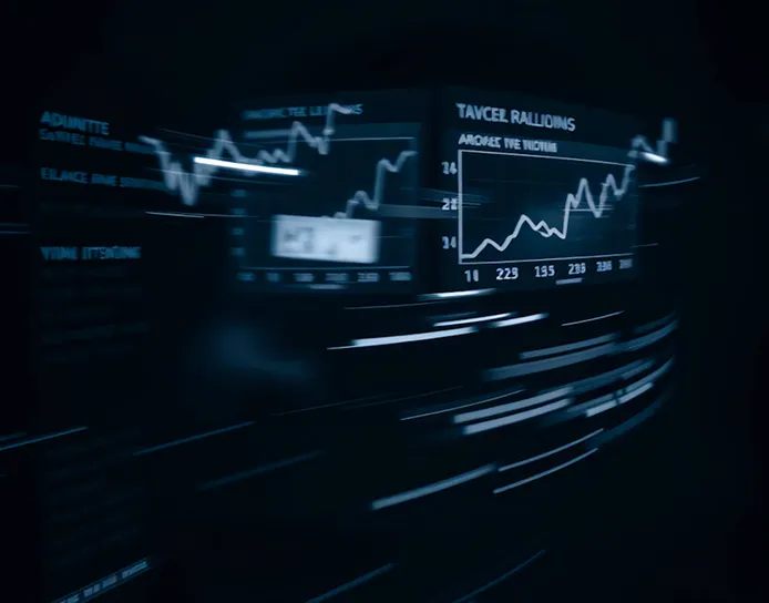Digital display of multiple fluctuating white line graphs and data charts on a dark background, suggesting financial or data analytics.