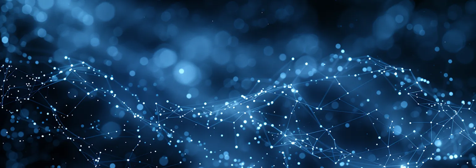 Abstract blue network of interconnected dots and lines representing digital data or technology.