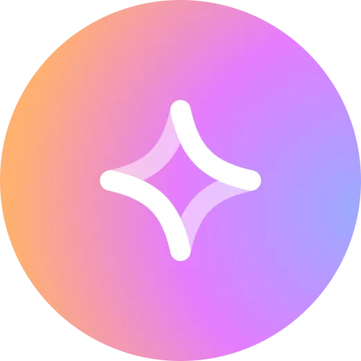 White sparkle star icon centered on a circular gradient background blending orange, pink, and purple hues.