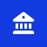White government or bank building icon with columns on a blue background.