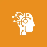 White graphic of a human head with circuit-like lines and nodes representing artificial intelligence on an orange background.