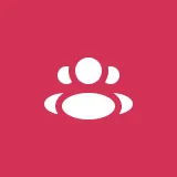 White icon of three stylized people in a group on a pink background.