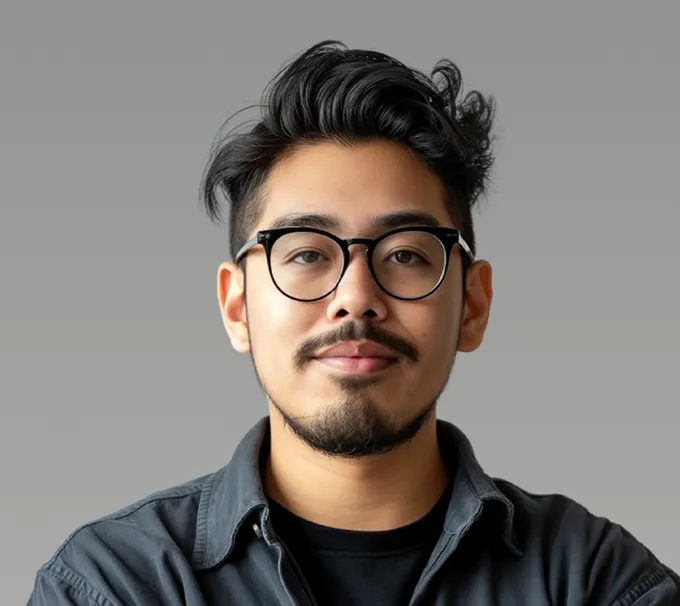 Portrait of a young man with glasses and a short beard wearing a dark shirt against a gray background.