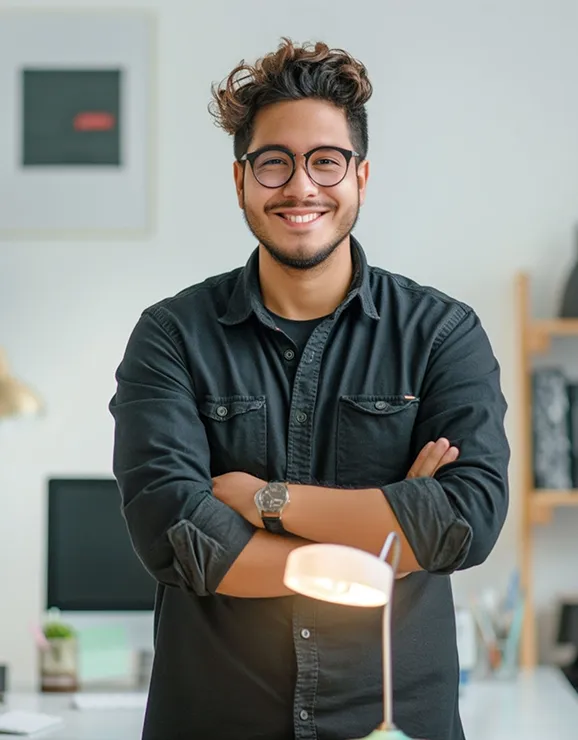 Smiling man with glasses and curly hair wearing a black shirt, standing with arms crossed in a bright office space.
