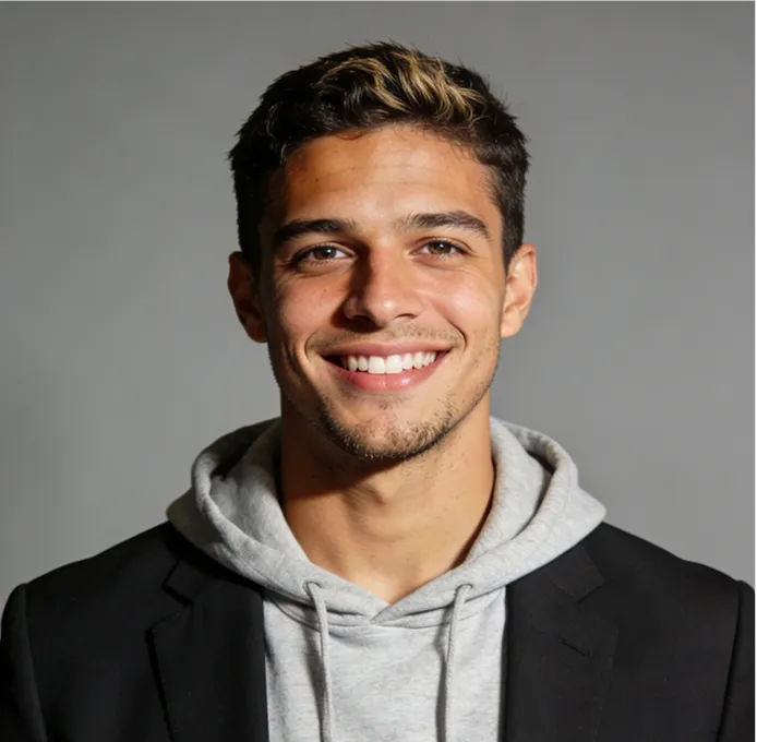 Smiling young man with short dark hair and blonde highlights wearing a gray hoodie under a black blazer against a plain gray background.