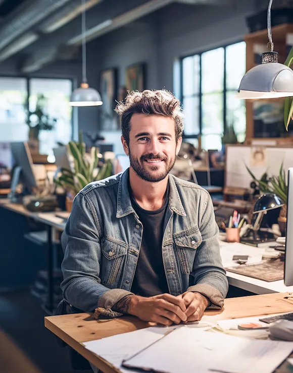Smiling young man with curly hair and beard sitting at desk in a modern office workspace.