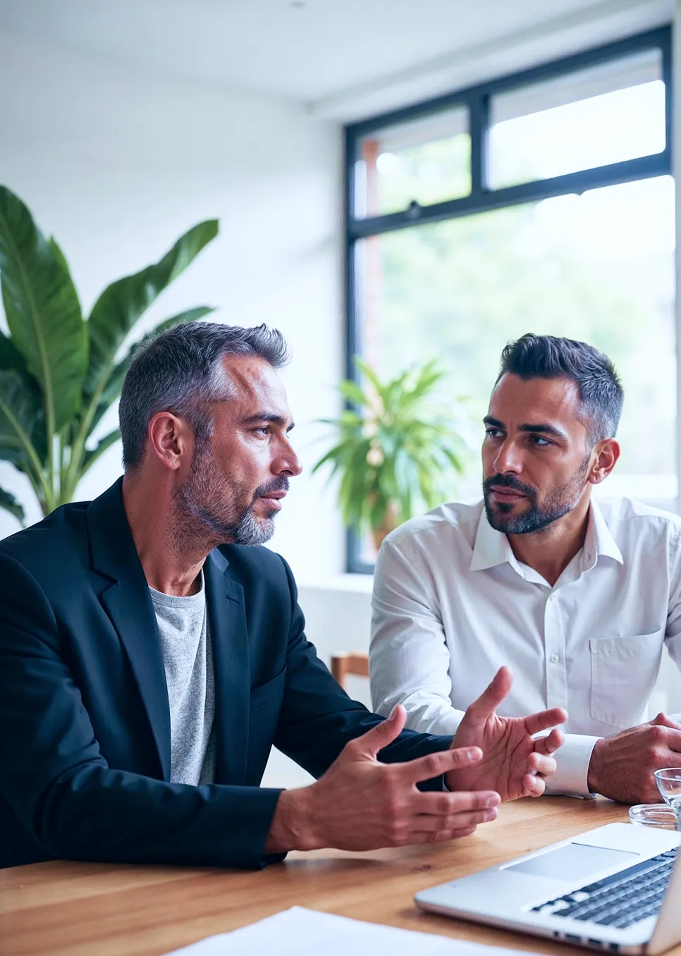 Two men in a business meeting having a serious discussion at a wooden table with a laptop and plants in the background.