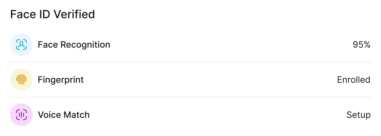 Authentication status showing Face ID verified with face recognition at 95%, fingerprint enrolled, and voice match setup pending.