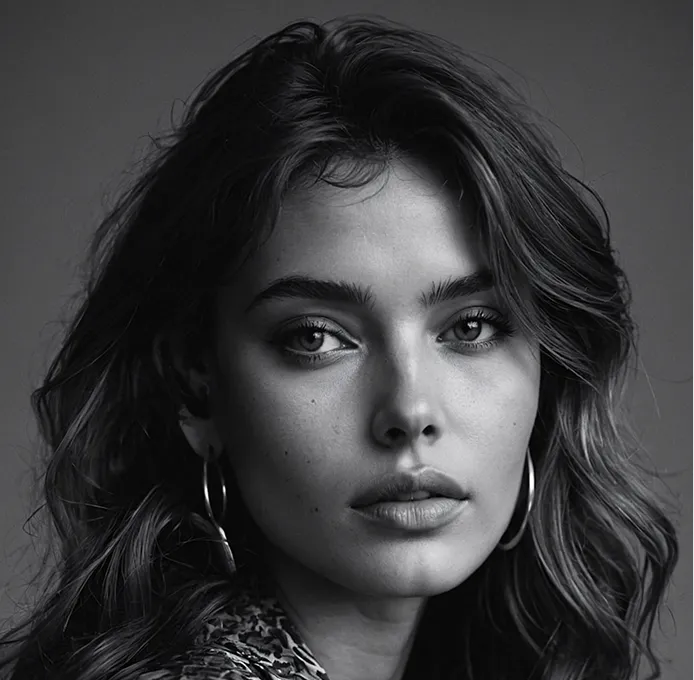 Black and white close-up portrait of a young woman with loose wavy hair, hoop earrings, and a serious expression.