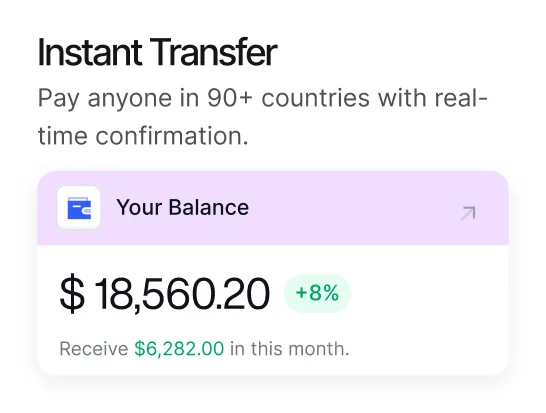 Instant Transfer section showing balance of $18,560.20 with an 8% increase and $6,282.00 received this month.