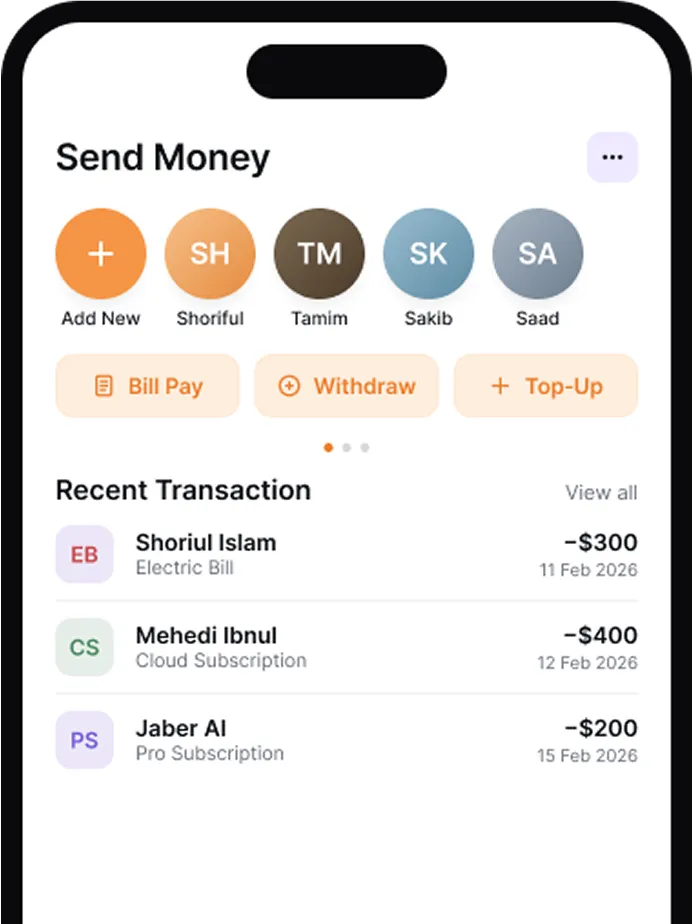 Mobile app screen for sending money showing contacts to send to, options for bill pay, withdraw, and top-up, and recent transactions with names, purposes, amounts, and dates.