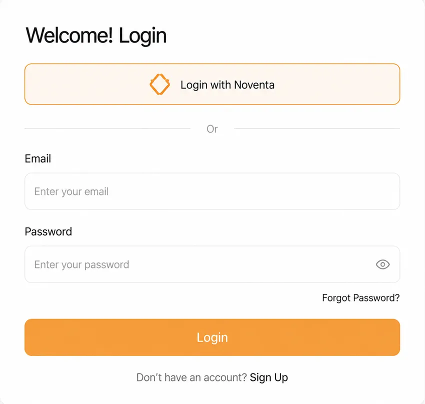 Login screen with option to log in using Noventa or email and password fields with a login button and links for forgotten password and sign up.