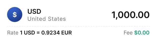 Currency exchange showing 1,000 US dollars with a rate of 1 USD equals 0.9234 EUR and zero fee.