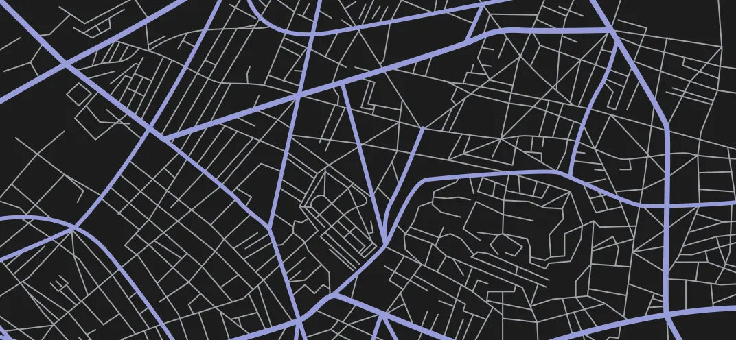 Abstract digital map with dark background and light purple lines representing streets and intersections.