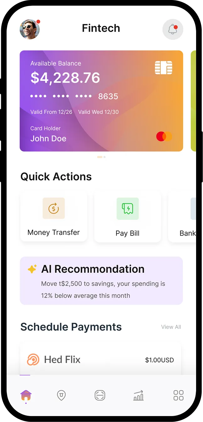 Mobile fintech banking app interface showing a balance card with $4,228.76, quick action shortcuts for money transfer and bill payment, AI spending recommendations, scheduled payments, and a bottom navigation menu in a clean modern UI