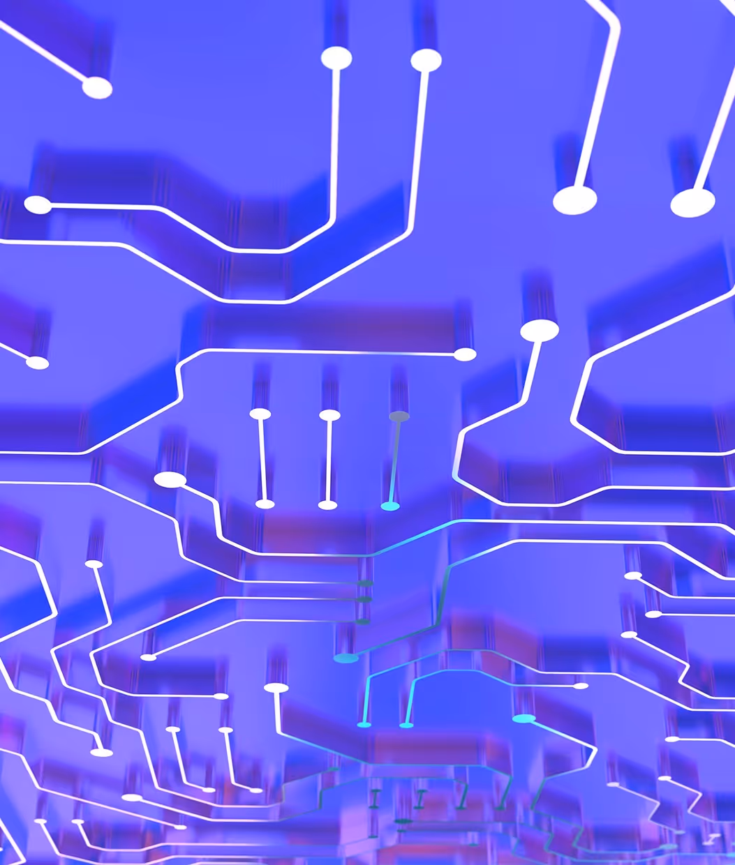 Vue rapprochée d'un circuit imprimé avec des pistes blanches sur fond bleu brillant.