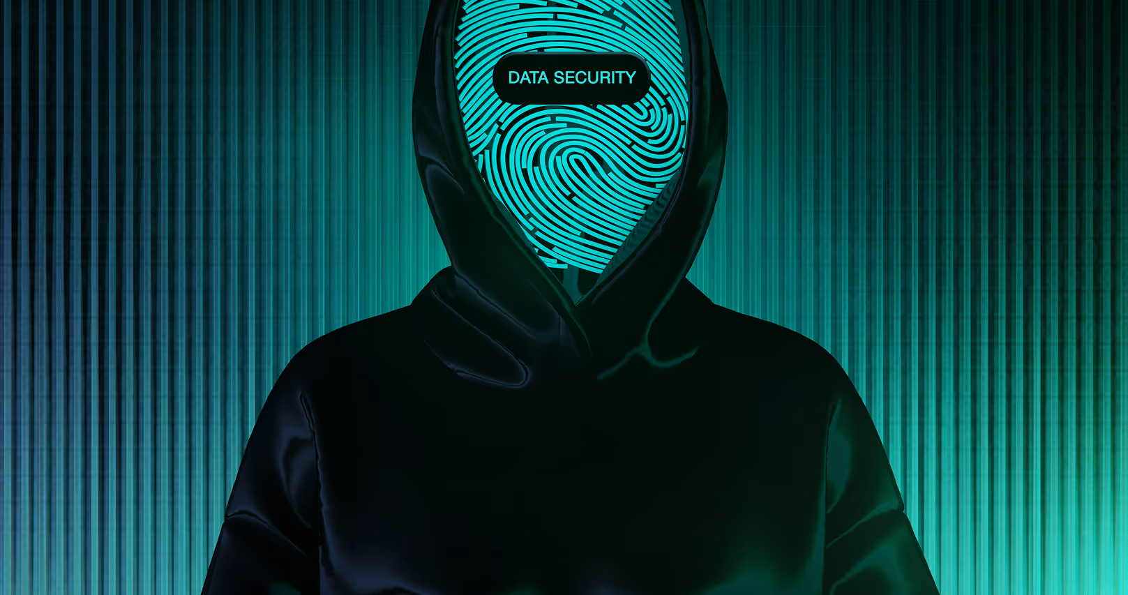 Silhouette d'une personne en capuche noire avec un visage en empreinte digitale verte portant l'inscription « DATA SECURITY ».