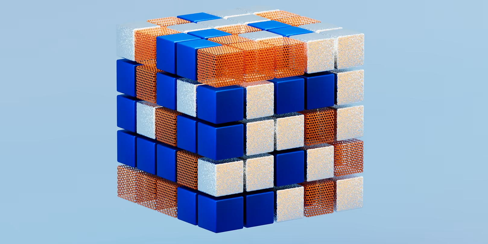 Cube composé de petits cubes bleus, blancs et orange en réseau sur fond bleu clair.