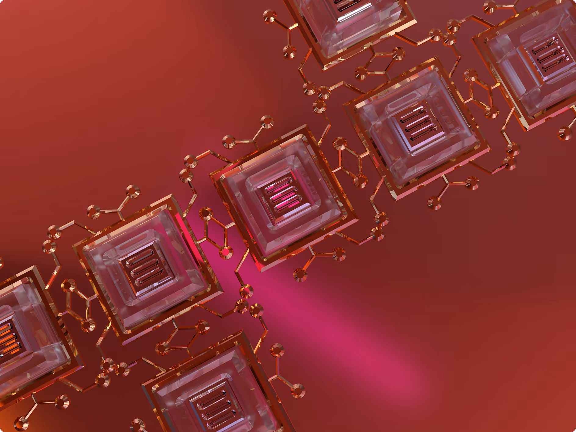 Illustration de puces électroniques en forme de carrés transparents interconnectés sur fond rouge et violet.