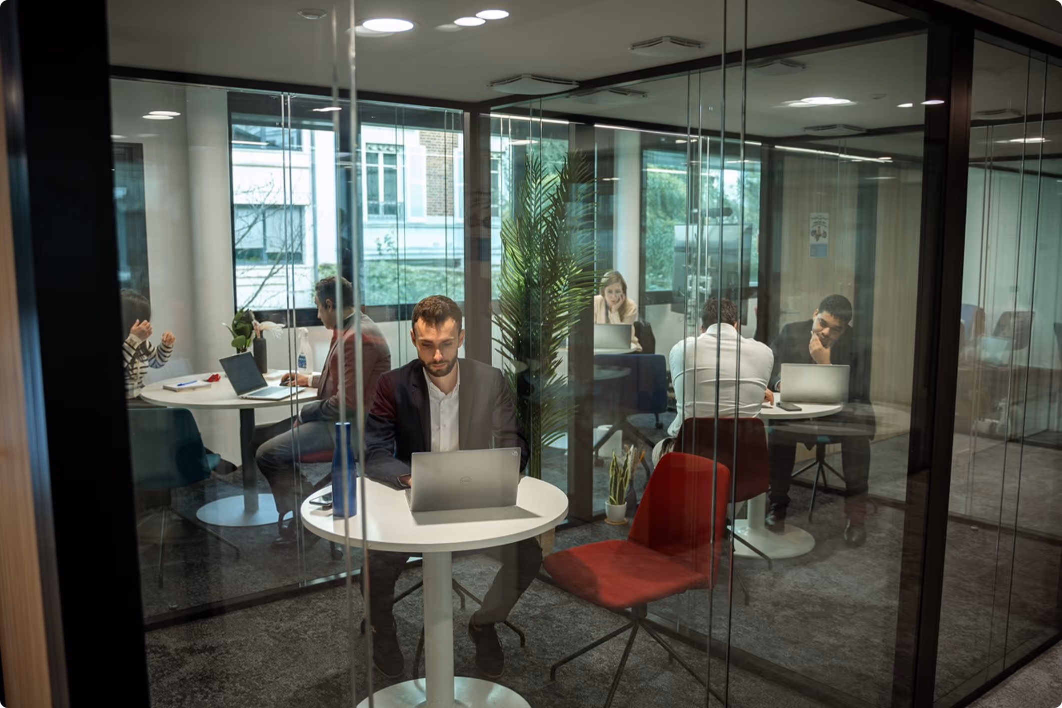 Des personnes travaillent sur des ordinateurs portables dans une salle de réunion vitrée moderne avec une plante d'intérieur.