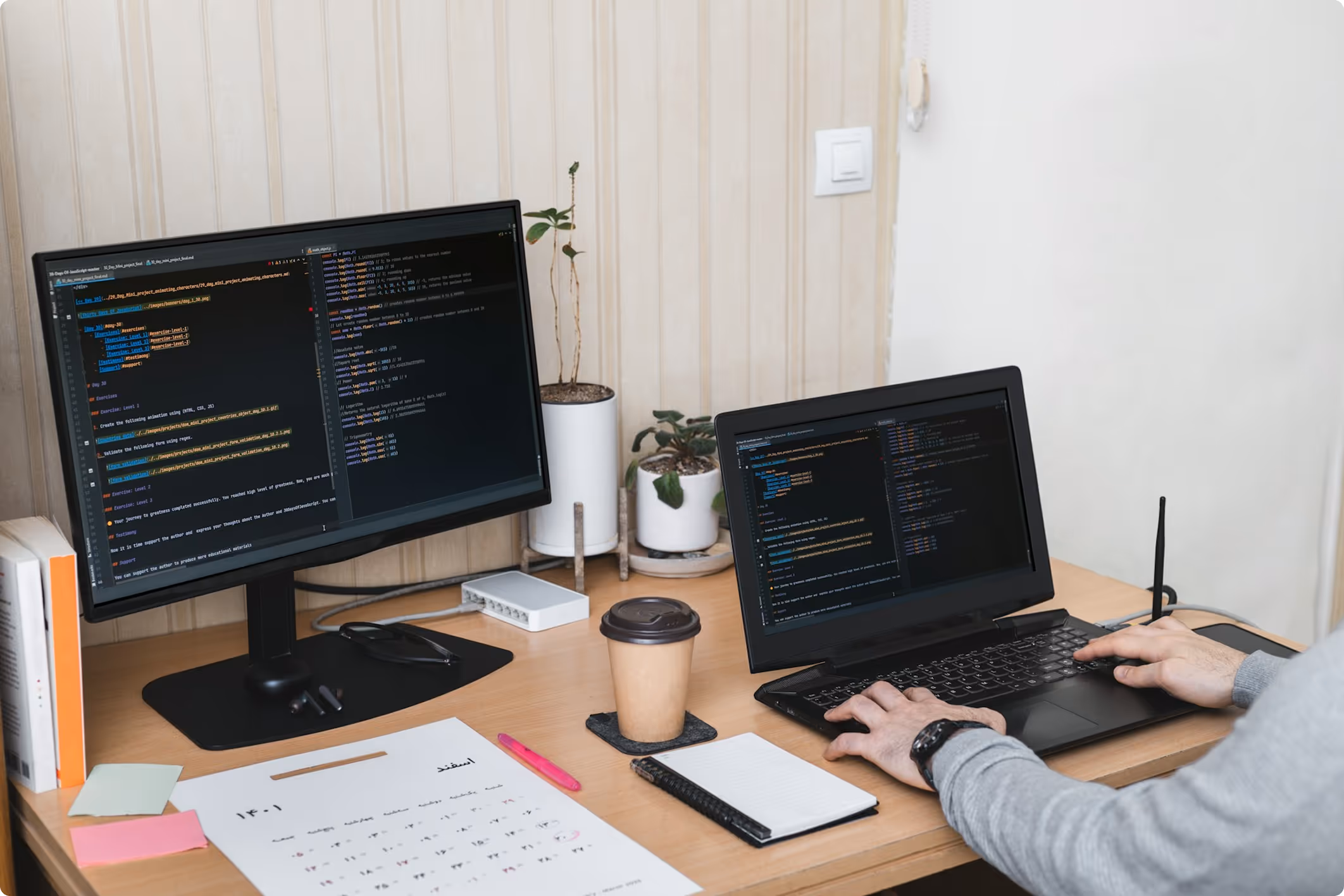 Personne travaillant sur un ordinateur portable avec deux écrans affichant du code de programmation dans un bureau organisé avec des plantes, un café et des fournitures de bureau.