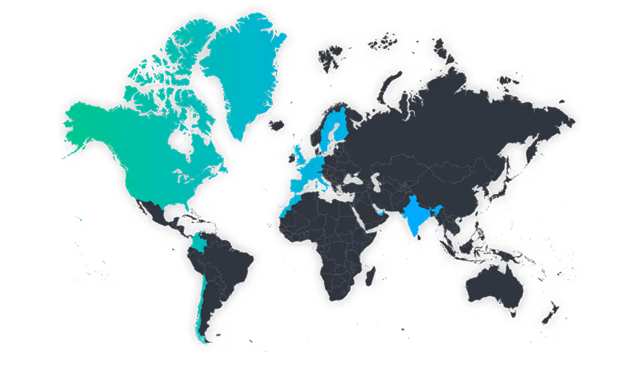Carte du monde avec certains pays en Amérique du Nord, Europe, et l'Inde en surbrillance bleue et verte.