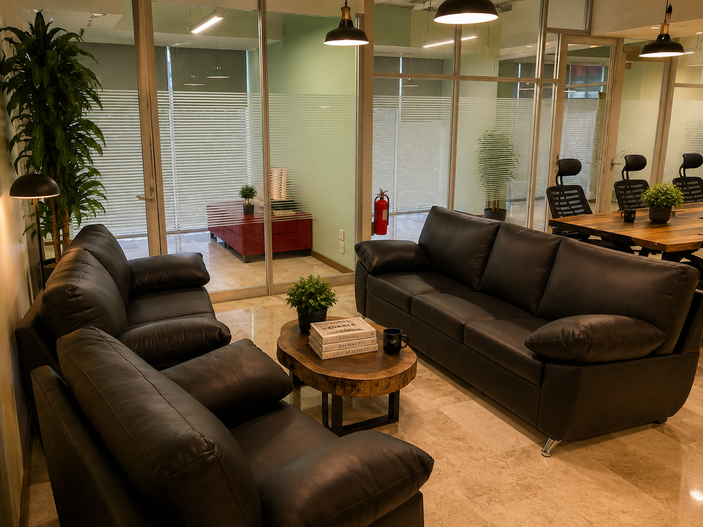 Un espacio de descanso y reunión informal con tres sofás de cuero negro dispuestos alrededor de una mesa ratona con tablero de madera natural en bruto. La luz cálida de las lámparas industriales colgantes crea un ambiente acogedor, mientras que las divisiones de vidrio y madera delimitan el área sin cerrarla. Ideal para charlas distendidas, pausas o reuniones en un ambiente más relajado.