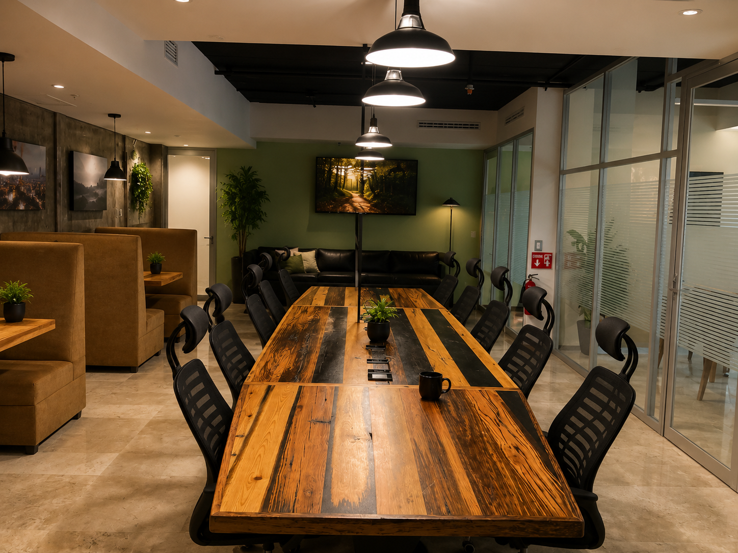 El corazón del coworking: una imponente mesa de madera reciclada con incrustaciones de resina negra, capacidad para más de diez personas y conexiones incorporadas. La iluminación industrial cenital la convierte en el foco visual del espacio. Al fondo se integran el área de sofás y los booths, logrando un ambiente dinámico que combina trabajo colaborativo e individual en un mismo entorno.
