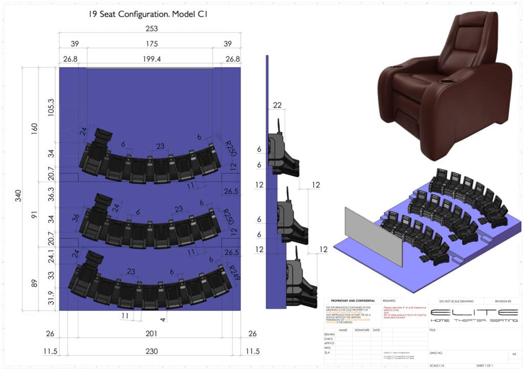 home theater design layout - 3D render, 19 seats
