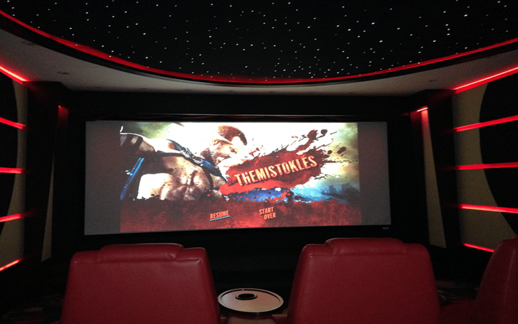Fiber optic ceiling and the big screen in custom home theater
