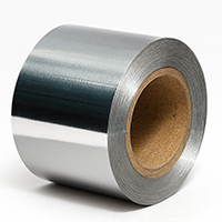Roll of metallic silver adhesive tape with a brown cardboard center.