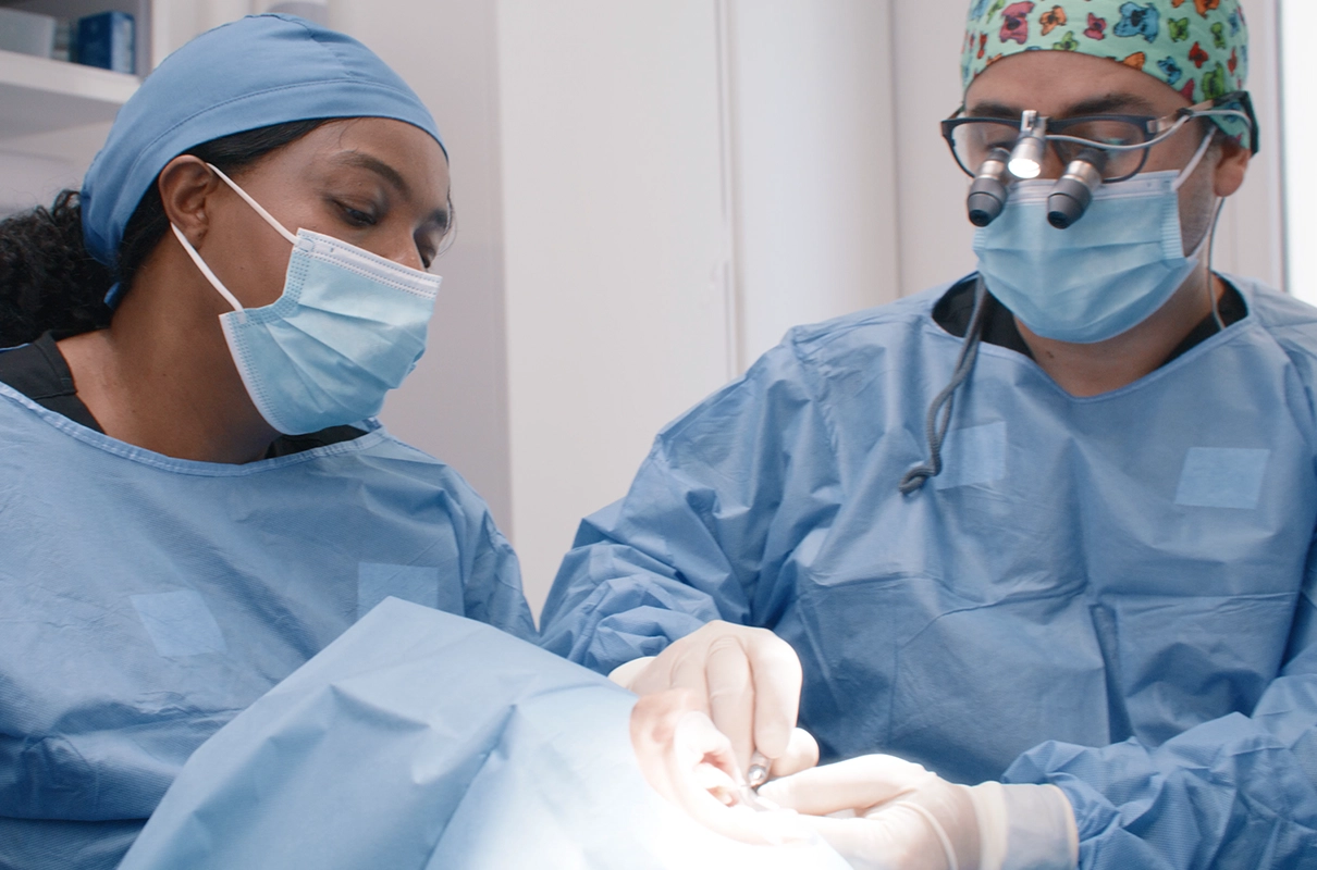 Deux chirurgiens en tenue bleue et masque effectuant une chirurgie dentaire.