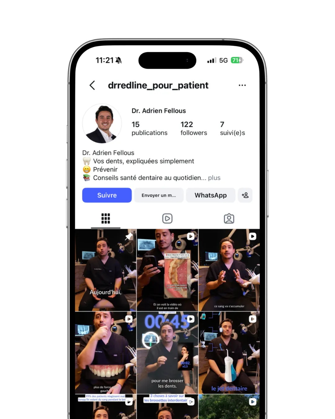 Profil Instagram du Dr Adrien Fellous avec conseils simples sur la santé dentaire et vidéos éducatives.