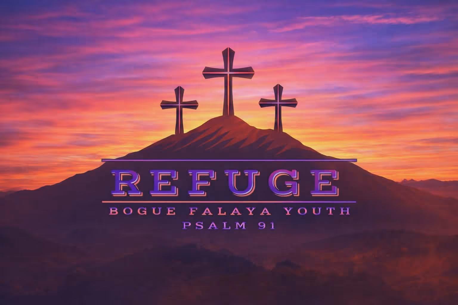 Silhouettes of three crosses on a hill with a colorful sunset sky and text Refuge Bogue Falaya Youth Psalm 91.